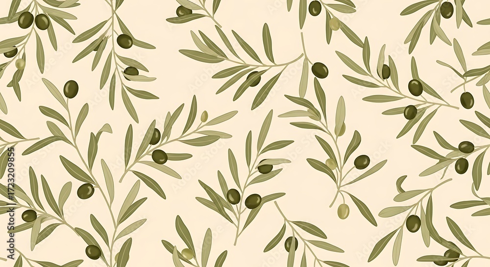 Naklejka premium Seamless Pattern of Olive Branches with Olives on a Light Beige Background.