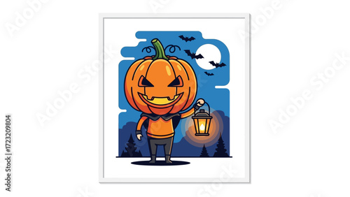 Halloween Jack O'Lantern: A whimsical illustration of a smiling Jack O'Lantern holding a lantern. Bats flutter across the full moon, while a serene forest sets the stage.