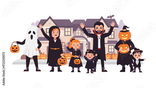 Halloween Family Fun: A vibrantly illustrated gathering of family members, dressed in various costumes, standing proudly against a backdrop of a spooky, stylized house and jack-o'-lanterns.