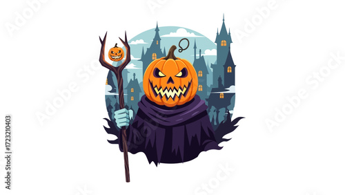 Halloween's Pumpkin Character with Staff: A whimsical Halloween character with a carved pumpkin head and holding a staff, bringing an enchanting aura of the haunted night.