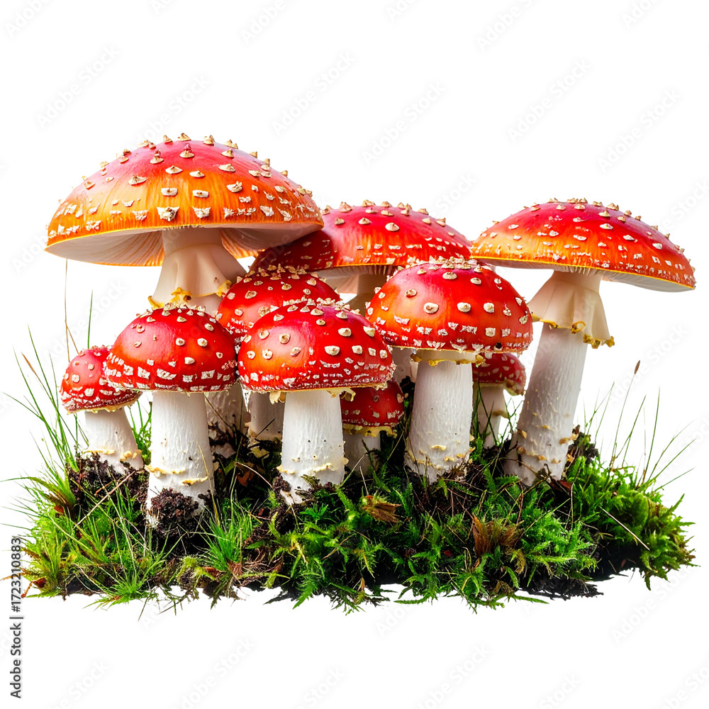 Obraz premium Tiny Red and White Mushrooms Sprouting on Green Grass, isolated on transparent background