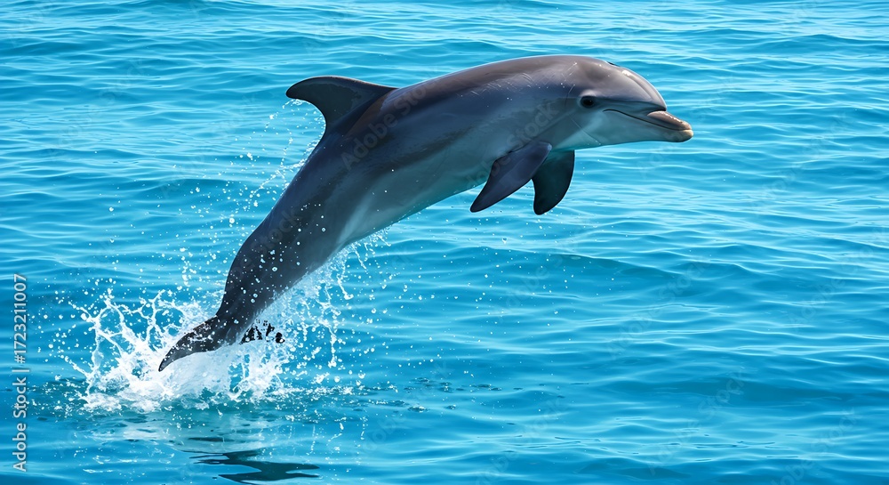 Naklejka premium Playful Dolphin Leaping from Bright Blue Ocean in Sunlit Seascape – Realistic Marine Life Scene