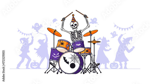 Halloween Drummer's Rhythmic Spectacle: A cartoon skeleton with a festive hat plays the drums at a Halloween party, surrounded by silhouette party-goers.
