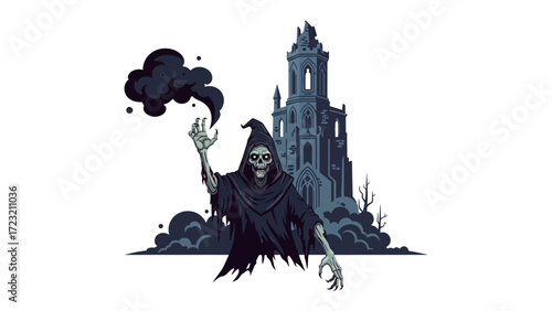 Grim Reaper and Haunted Castle: A chilling depiction of the Grim Reaper, an eerie figure with a skeletal visage, stands before a haunted castle shrouded in an ethereal darkness.