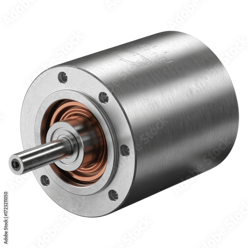 Detailed view of a brushed dc electric motor with copper windings and a metal shaft isolated on transparent background