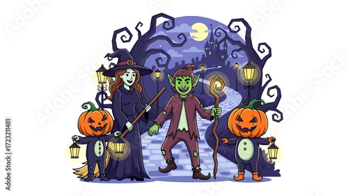 Halloween Gathering: A whimsical illustration features a witch, a goblin, and pumpkin-headed figures gather amidst a spooky night scene. Capturing the essence of All Hallows' Eve.
