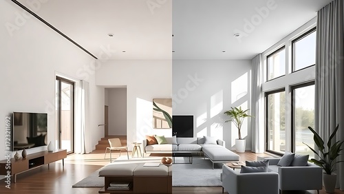 A modern living space features clean lines and a neutral palette, captured in a split composition.