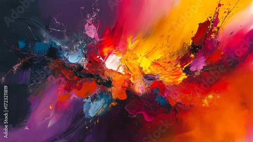 A painting of a colorful explosion with a red and yellow line in the middle. The painting is full of bright colors and has a sense of energy and movement