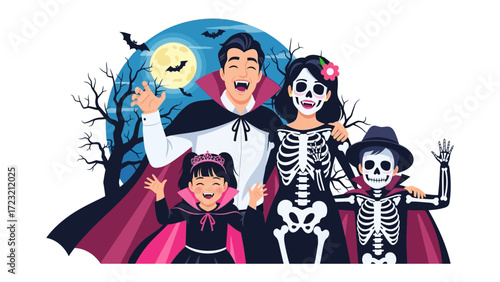 Spooky Family Fun: A festive family dressed in Halloween costumes joyfully waves under a full moon, embracing the spooky spirit of the holiday.