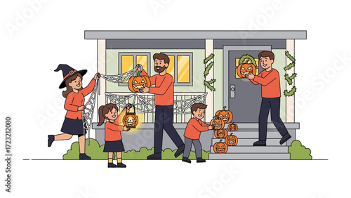 Halloween Family Decoration: A family joyfully prepares for Halloween, adorning their porch with spooky decorations and pumpkins in a lively illustration of the season's festive spirit.