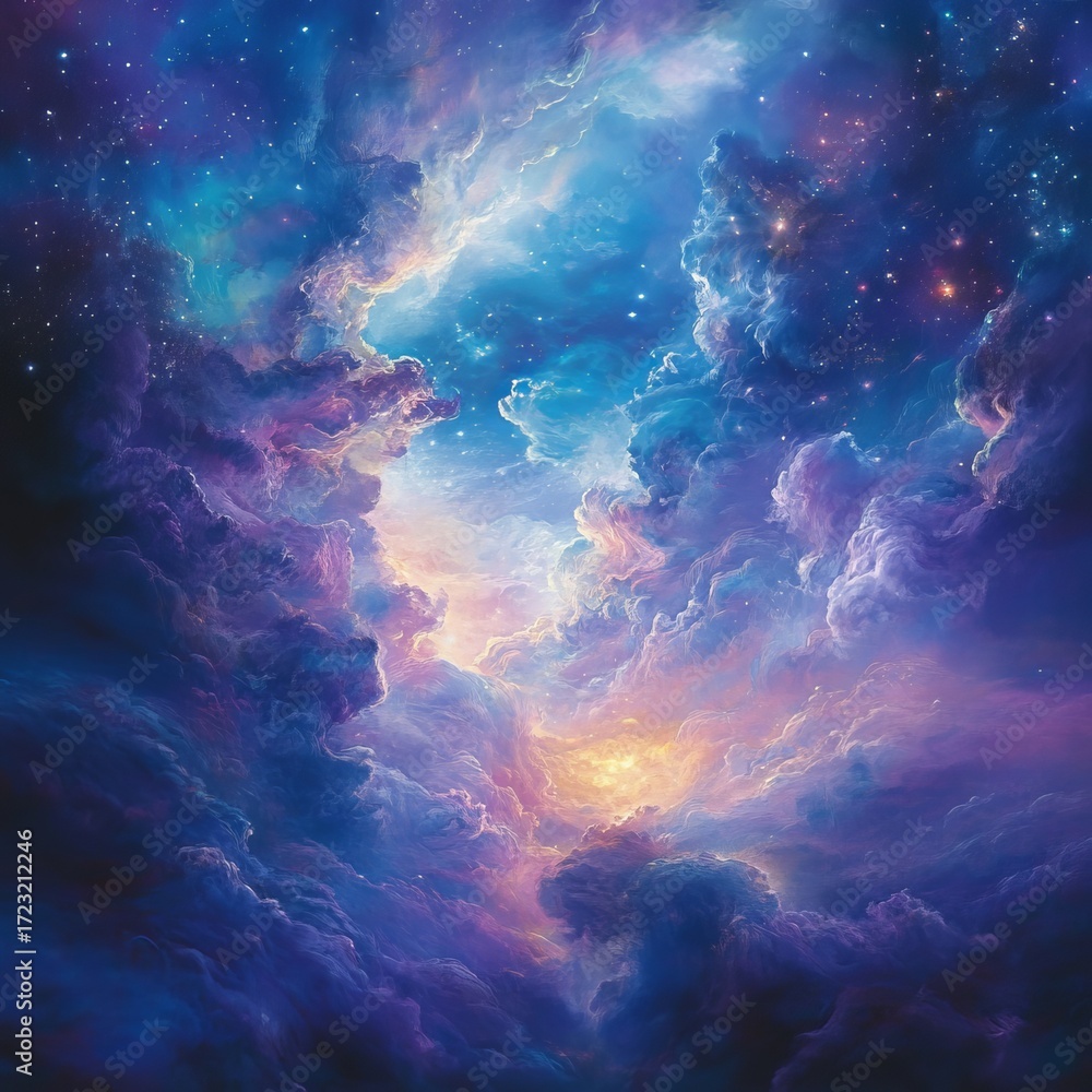 Obraz premium An awe-inspiring cosmic cloudscape rich with vibrant colors and shimmering stars, evoking a sense of wonder and infinite beauty in the universe.
