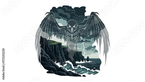 Stormy Owl Guardian: An owl, skeletal in appearance with outstretched wings, soars above turbulent seas and cliffs under a dramatic stormy sky, embodying guardianship and nature's untamed power.
