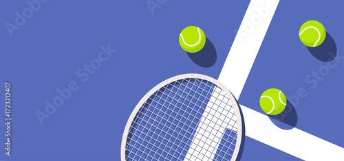 Tennis equipment placed on a vibrant blue court.