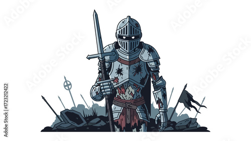 Noble Knight on Battlefield: A valiant knight stands with unwavering resolve amidst the chaos of battle, a symbol of courage, honor, and the indomitable spirit of a warrior in the heart of conflict.