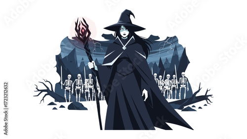Mystical Sorceress and Her Spectral Army: A captivating sorceress stands resolute, her silhouette casting an alluring spell alongside her skeletal followers and haunting background.