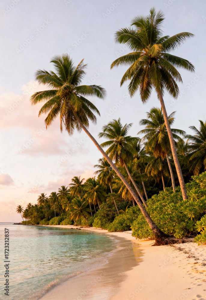 Obraz premium Palm trees lean over a sandy beach at sunset.