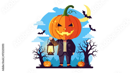 Halloween's Pumpkin-Head Character: A spooky illustration of a pumpkin-headed figure, lantern in hand, set against a night sky, capturing the essence of the autumnal holiday's fright and fun.