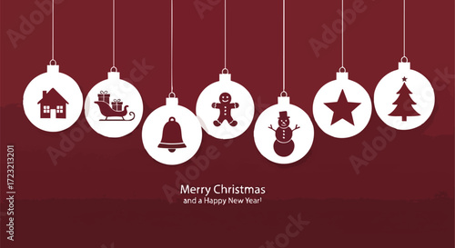 Festive Christmas ornaments hanging against a modern red backdrop add holiday cheer for your seasonal greetings and marketing campaigns