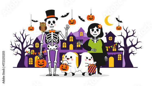 Spooky Family Gathering: A whimsical illustration features a skeleton, a skeleton wife, two cute ghost kids and a Halloween scene, pumpkin, haunted house, and bats set against a moonlit sky.