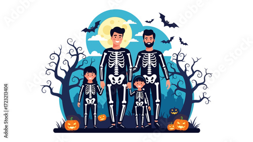 Halloween Family Portrait: An illustrated family, dressed in skeletal costumes, stands united beneath a spooky moonlit sky, celebrating Halloween with joy and togetherness.