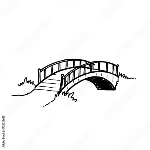Wooden bridge sketch in minimalist style with grass surrounding  