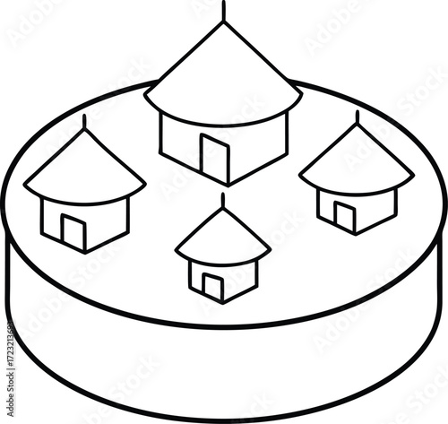One line aerial view of african roundhouse village illustration on transparent