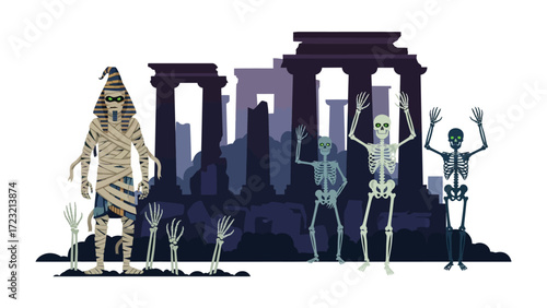 Ancient Halloween Spookiness: An eerie illustration of Halloween night scene featuring a spectral mummy, rising skeletons, and a haunting backdrop of weathered ruins.