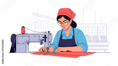 Crafting with Precision: A skilled seamstress meticulously operates an antique sewing machine, creating a textile with her expert touch and focused concentration.