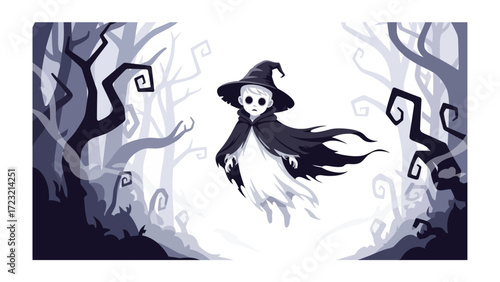 Enigmatic Spectral Being: A ghostly apparition, draped in a dark cloak and a pointed hat, levitates through a spooky, minimalist forest scene, embodying the essence of Halloween's haunting allure.