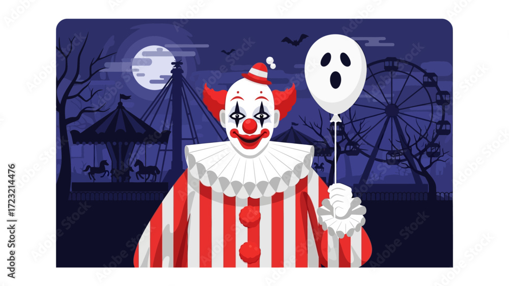 Fototapeta premium Carnival Clown in a Spooky Night: A jovial clown in a festive striped outfit and striking makeup stands with a spectral balloon in front of a dark, moonlit carnival setting.