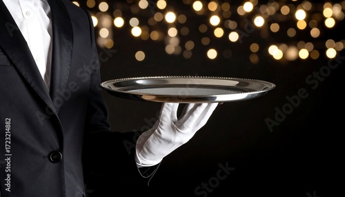 Waiter holding empty silver tray against dark bokeh background