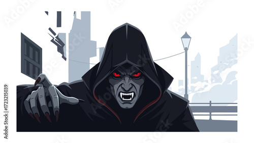 The Sinister Gaze of the Night Dweller: An illustration of a menacing figure in a hooded cloak, his piercing red eyes and sharp fangs hint at a dark presence lurking in the shadows.