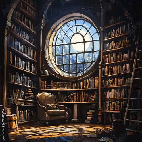 A cozy library filled with books and a vintage armchair, illuminated by sunlight streaming through a circular window, creating a captivating atmosphere for reading and reflection.