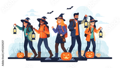Halloween Lantern Walk: A group of costumed individuals embarking on a spooky Halloween adventure, illuminated by lanterns, with a whimsical and enchanting illustration.