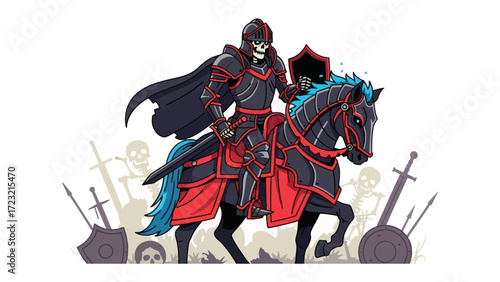 Spectral Knight: A captivating illustration depicts a skeletal knight, clad in dark armor, astride a spectral steed, ready for battle, against an otherworldly backdrop. 