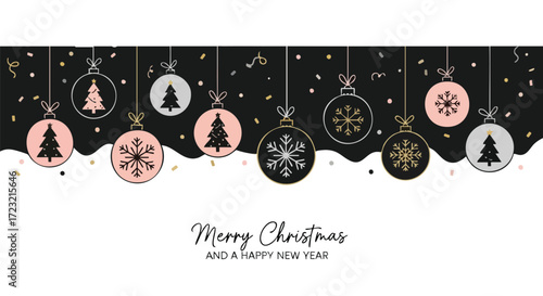 Elegant modern Christmas baubles with festive trees and snowflakes create a chic holiday greeting for winter celebrations