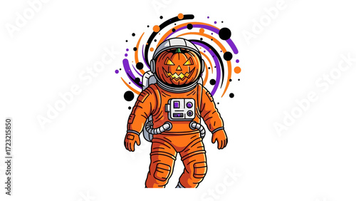 Pumpkin Astronaut's Spooky Adventure: A whimsical illustration showcasing an astronaut with a pumpkin head embarking on an adventure through the cosmos, complete with cosmic patterns.