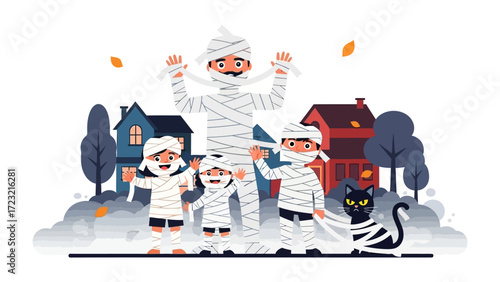 Family Halloween Fun: A whimsical illustration captures a family dressed as mummies, ready for a playful Halloween celebration, with a friendly feline companion in tow.