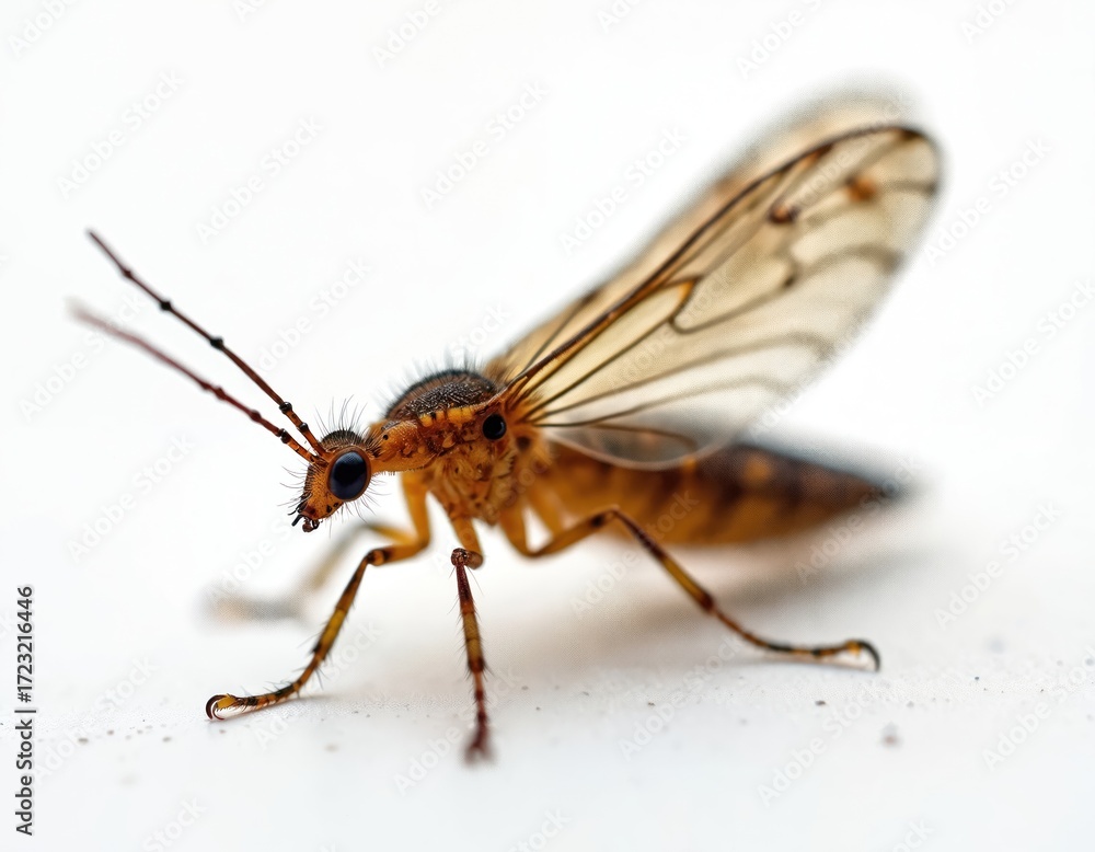 Obraz premium Macro photo of tiny insect isolated on white background. Scientific high magnification macro view, crisp details of orange bug with wings. Orange insect close-up on white surface. Entomological photo.