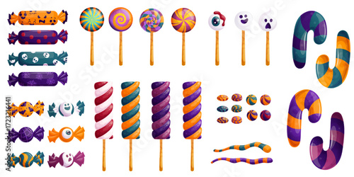 A set of Halloween sweets. Candies, lollipops, marshmallows, caramel sticks. "Trick or treat." Isolated vector illustration on a white background for the design of posters, banners, invitations.
