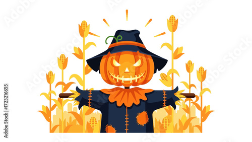 Halloween Scarecrow Illustration: A whimsical, orange pumpkin-headed scarecrow stands proudly amid golden corn stalks, perfectly embodying the essence of Halloween.