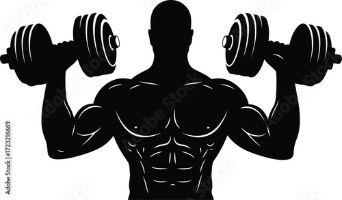 Muscular man silhouette lifting dumbbells fitness motivation workout strength training vector