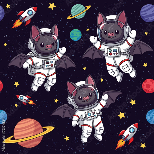 Cute cartoon bats in astronaut suits fly through space with planets rockets and stars Fun adventure
