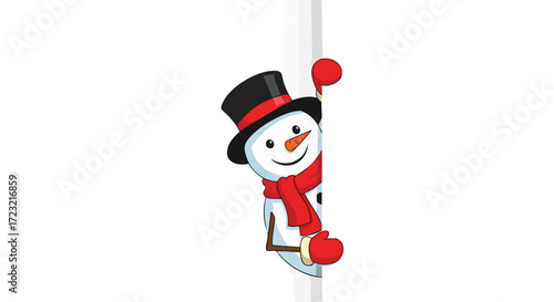 Joyful snowman peeking around corner in festive winter scene, perfect for holiday greetings and seasonal promotions