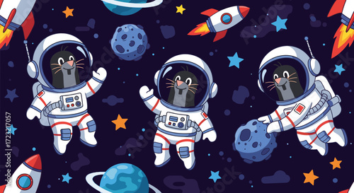 Adorable astronaut moles on a space adventure with rockets and planets Fun exploration education
