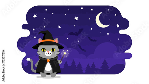 Mystic Cat's Halloween Night: A whimsical illustration depicts a charming cat dressed as a wizard, casting spells under the moonlit night sky. Enchanting and festive.