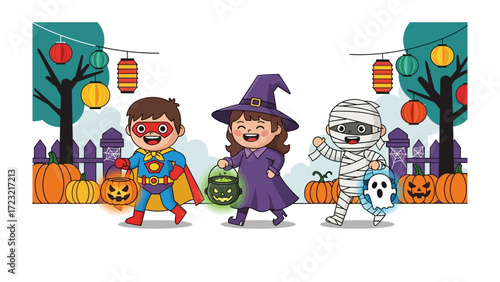 Halloween Costume Fun: Three cheerfully costumed children, dressed as a superhero, witch, and mummy, joyfully stroll together, ready for trick-or-treating adventure.