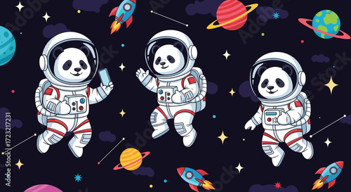 Panda astronauts explore the galaxy with rockets and planets inspiring dreams of space travel