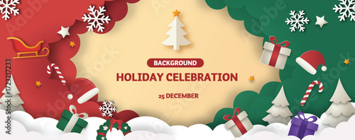 christmas banner or party invitation background with gifts, santa hat, sleigh, candy canes and snowflakes in paper cut style. beige center with red and green clouds festive sides, stars and christmas 