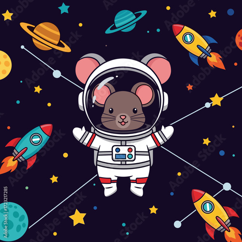 Adorable astronaut mouse explores space with planets stars and rockets Fun cosmic adventure